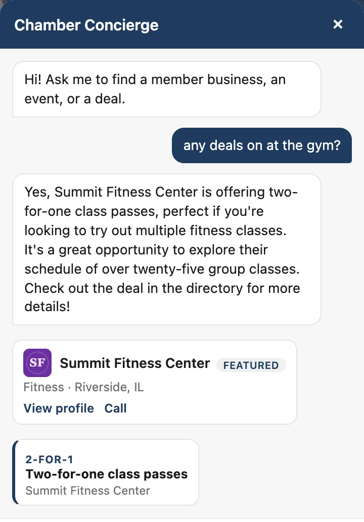 A visitor asks the chamber AI concierge whether there are any deals on at the gym; it answers with Summit Fitness Center's two-for-one class passes and shows both the member card and a tappable 2-for-1 offer card.