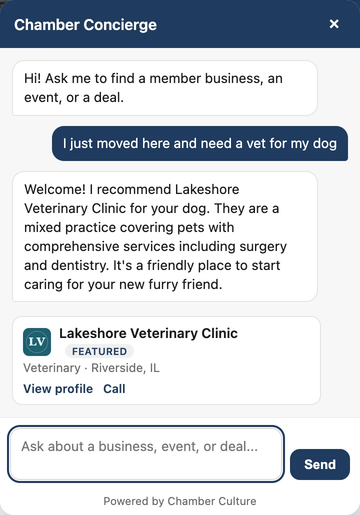 The Chamber Culture AI Directory Concierge answering a visitor who needs a vet, recommending a real chamber member with a tappable card showing category, town, View profile and Call.