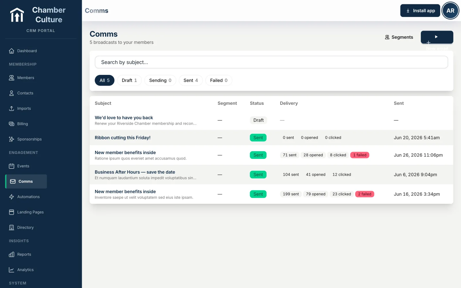 Communications, audience segments, the block composer, and open/click tracking