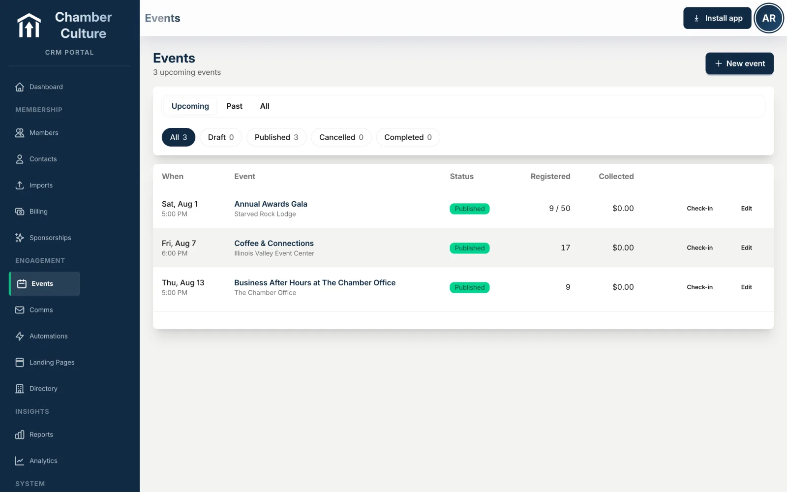 Events with registration and check-in