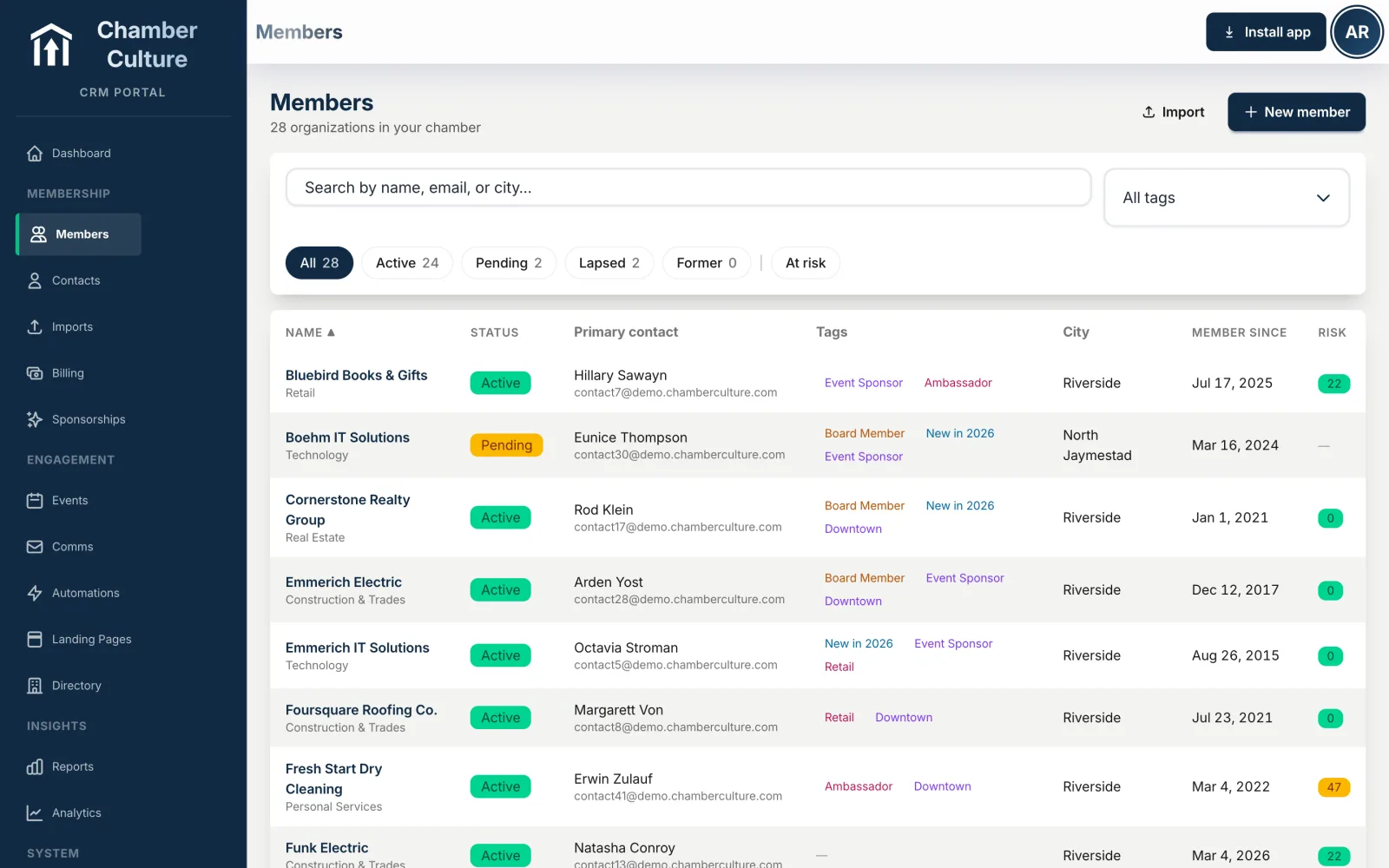 Member management table with tags, status and CRM contact records