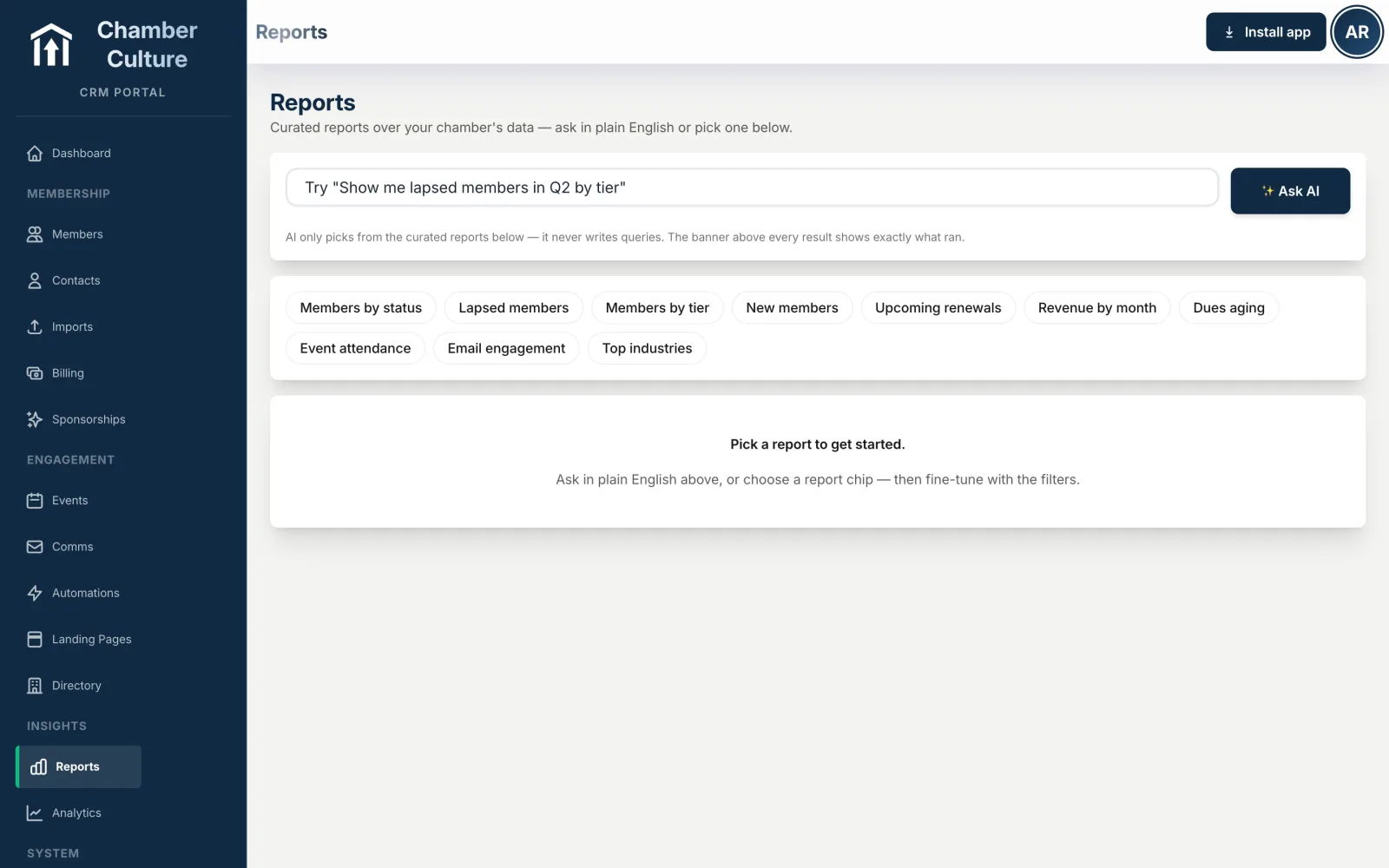 Plain-English AI reporting — ask a question in words, get the report