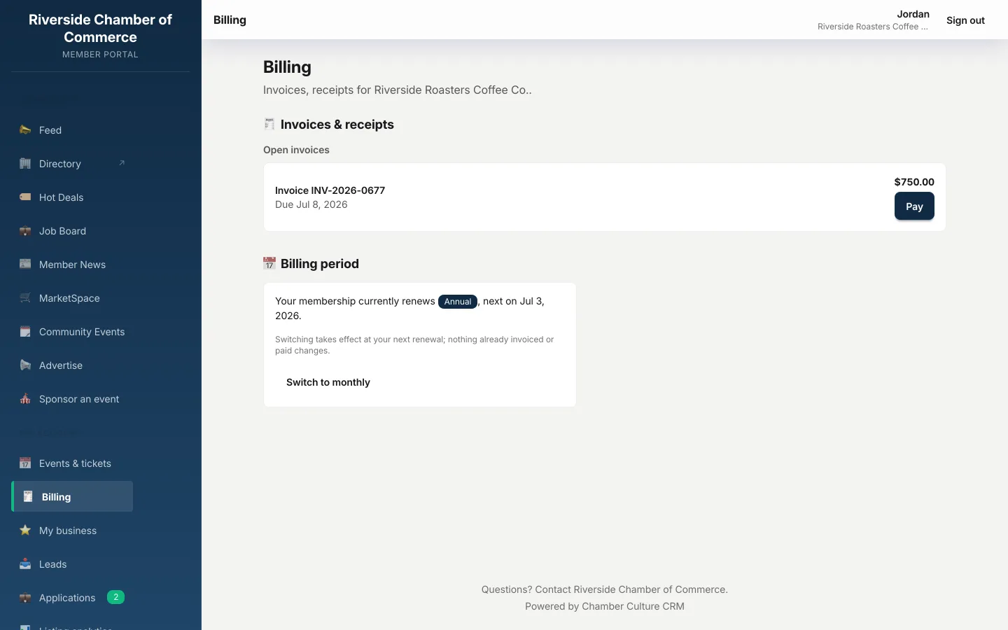 Saved payment profile with autopay enabled and an annual-to-monthly billing switch