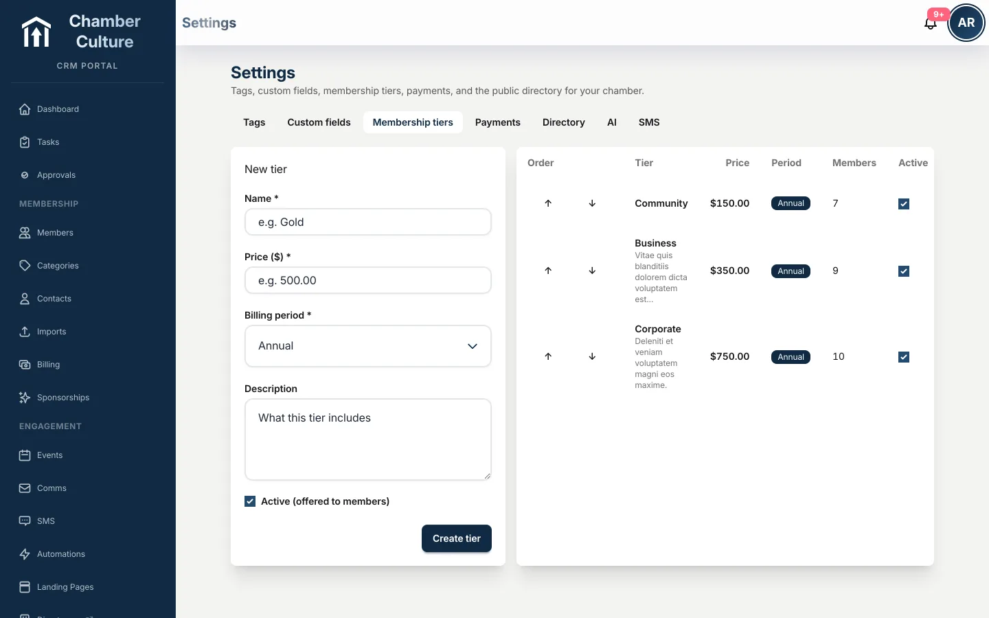 Membership tier benefit packages showing free event tickets, ad credits and directory upgrades with usage tracking