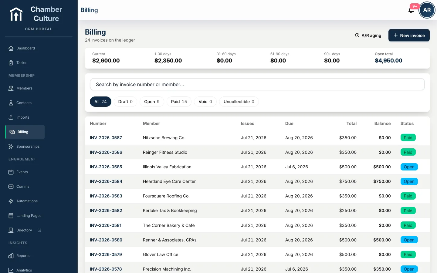 Dues invoicing with auto-renewals, tamper-proof invoices, PDF receipts and aging