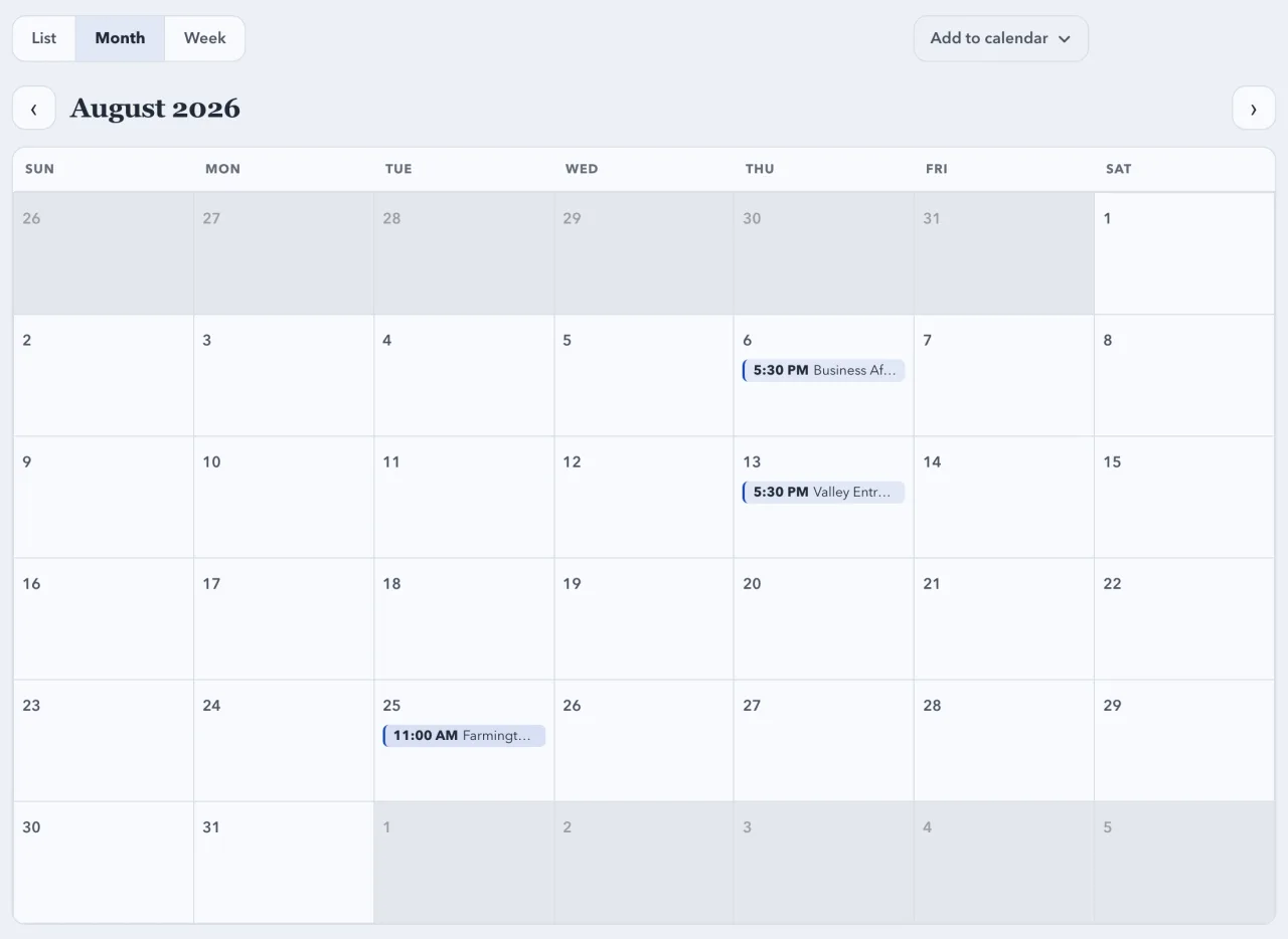 The events page on a Chamber Culture Site showing the Month calendar view for August with member events, the List / Month / Week toggle, and an Add to calendar button for subscribing to the whole calendar