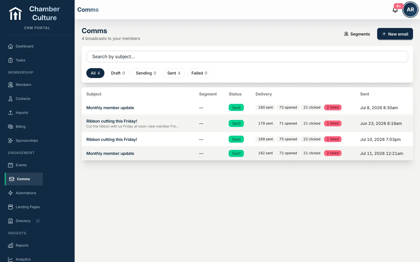 Email composer with audience segments, drag-and-drop blocks and open/click tracking
