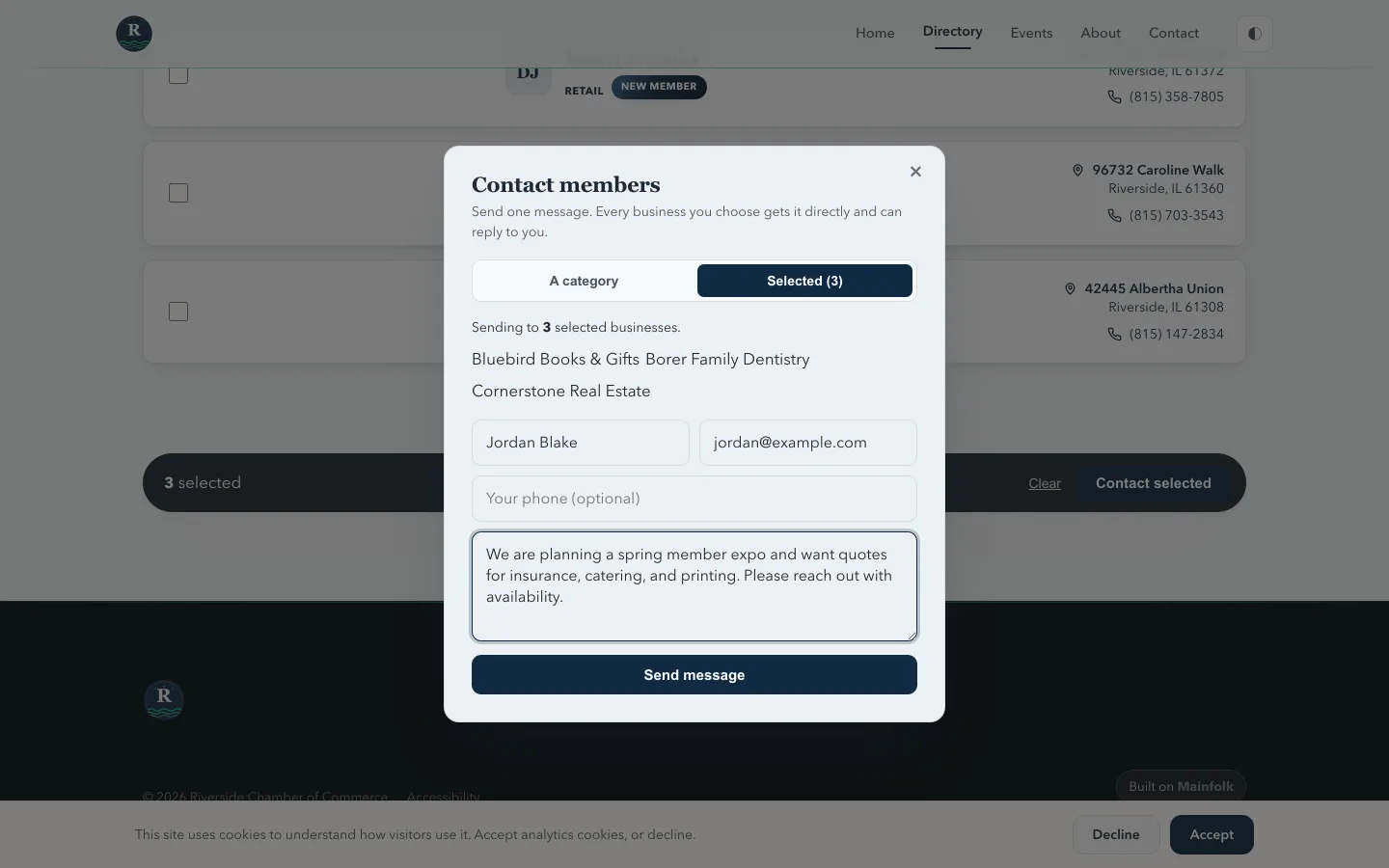 Contact Members lead form on the public directory, sending a tracked message to a category or hand-picked businesses