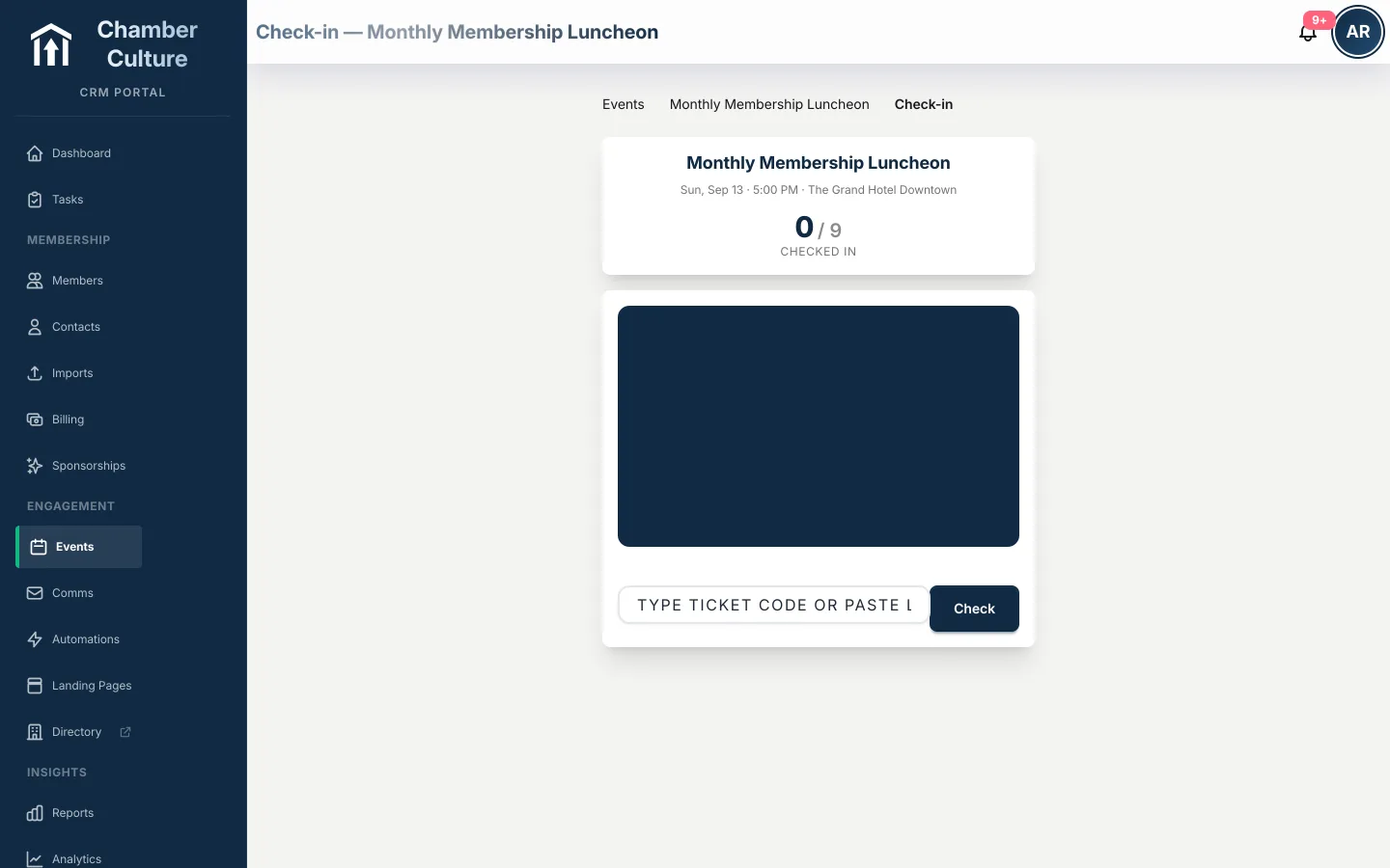 Camera-based event check-in scanning a ticket QR code
