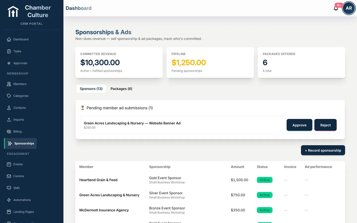 Gold, Silver and Bronze event sponsorship levels with sponsor logos and automatic invoicing