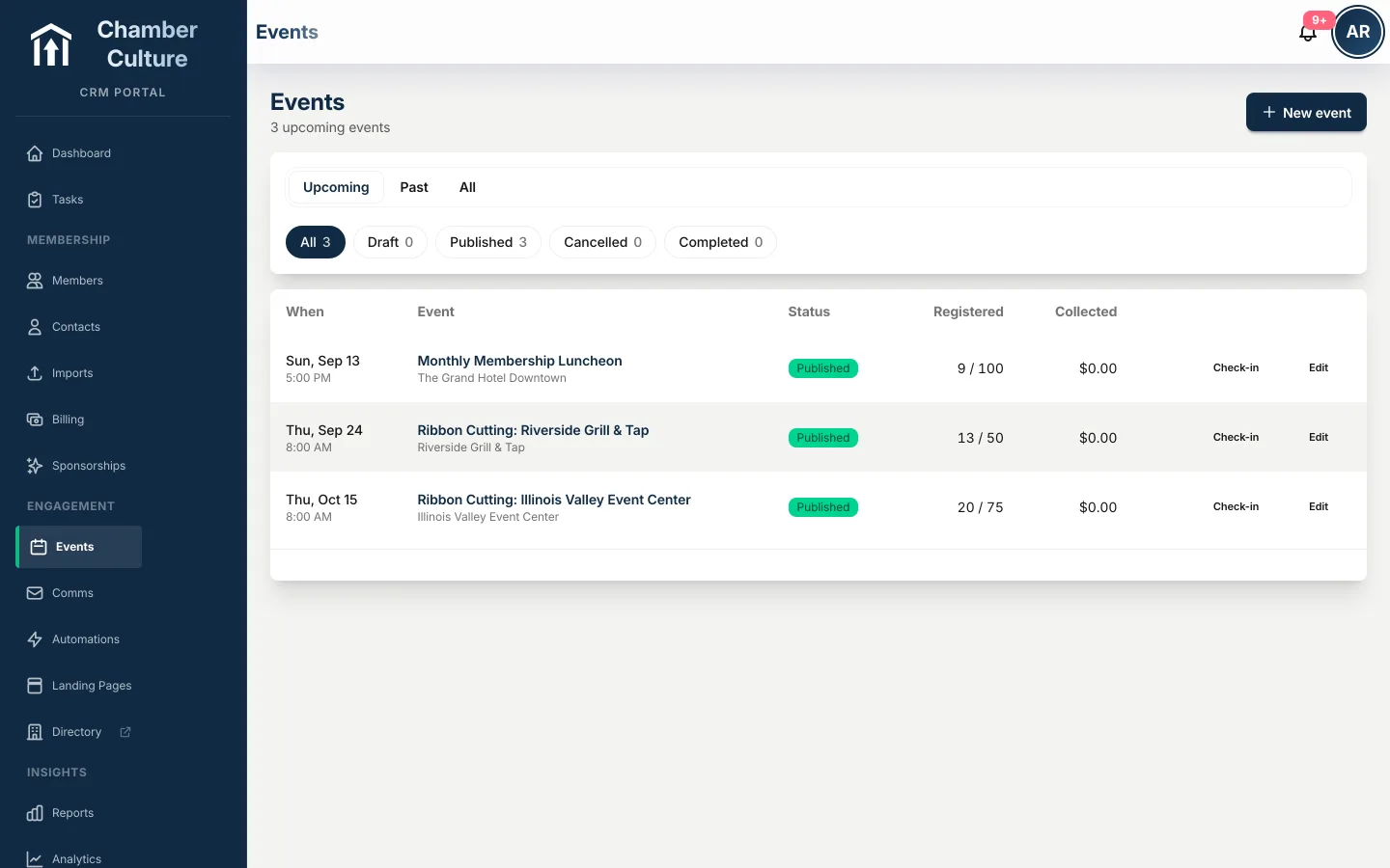 Event list with member pricing and registrations