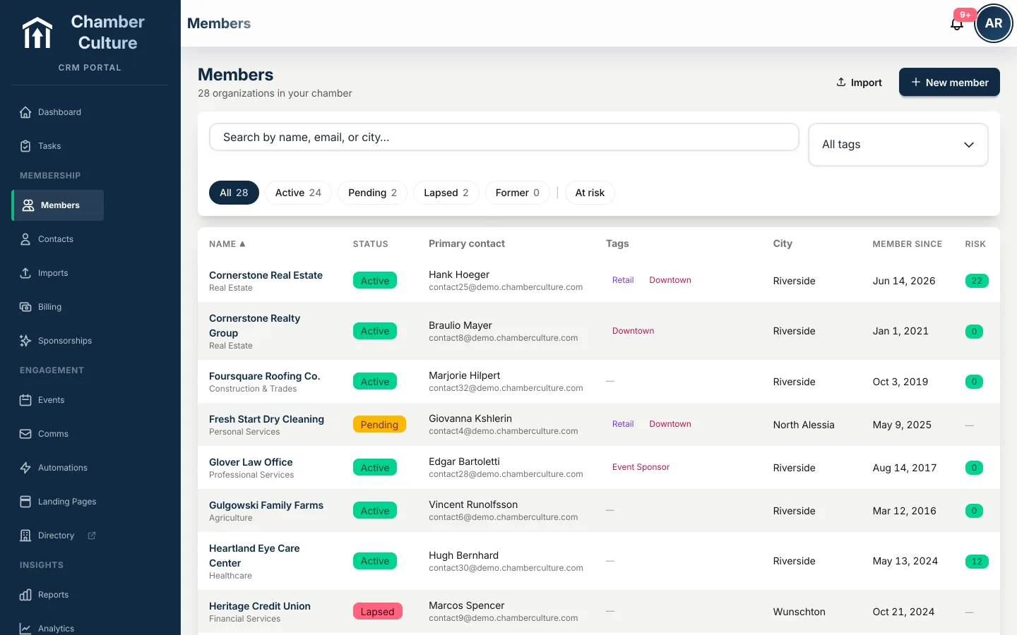 Member and organization directory with tags, tiers, custom fields and activity timeline
