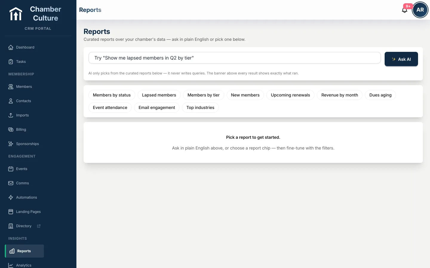 Natural-language reporting answering a plain-English question about members