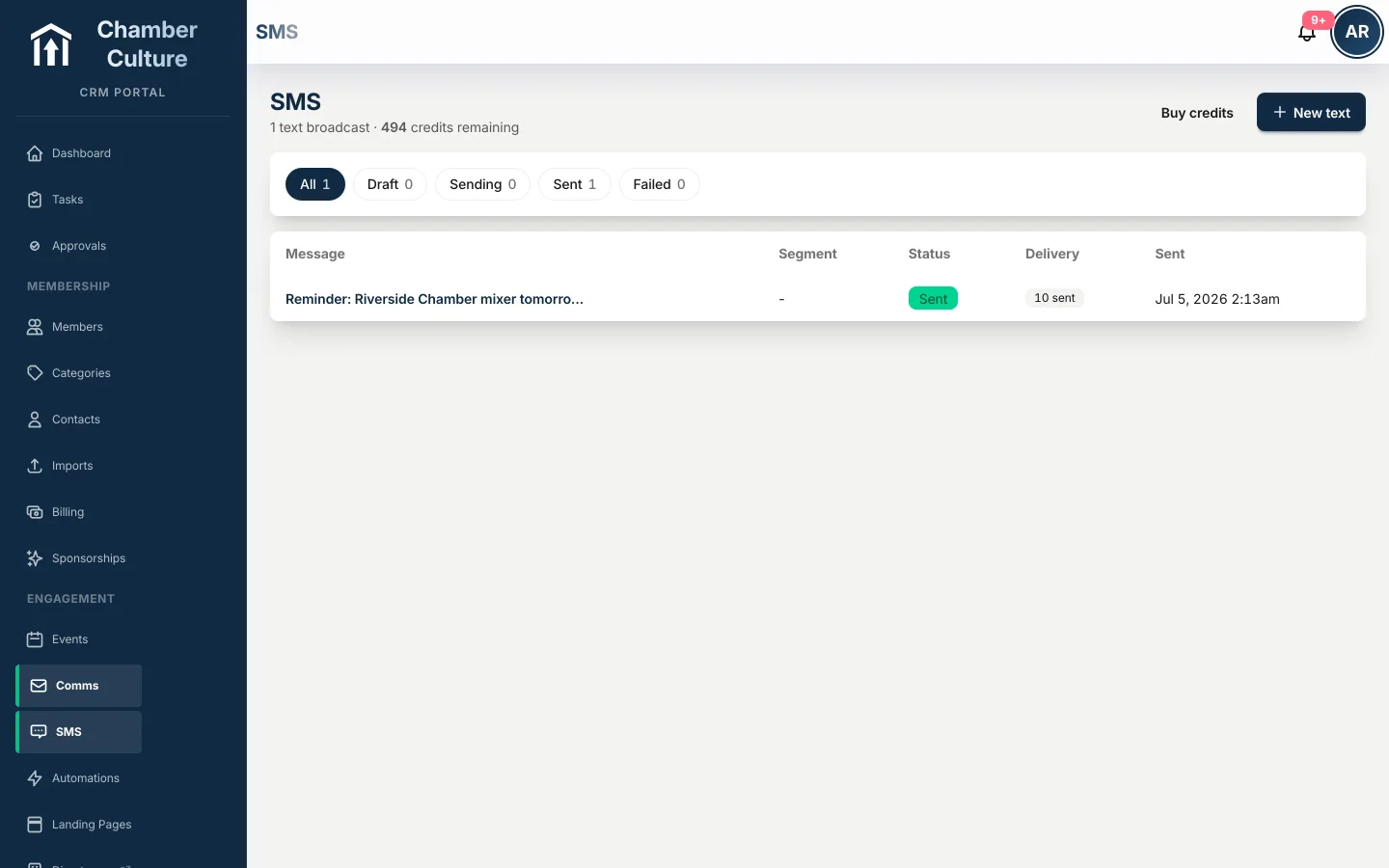 SMS broadcast composer with prepaid credit balance and opt-in, STOP compliance