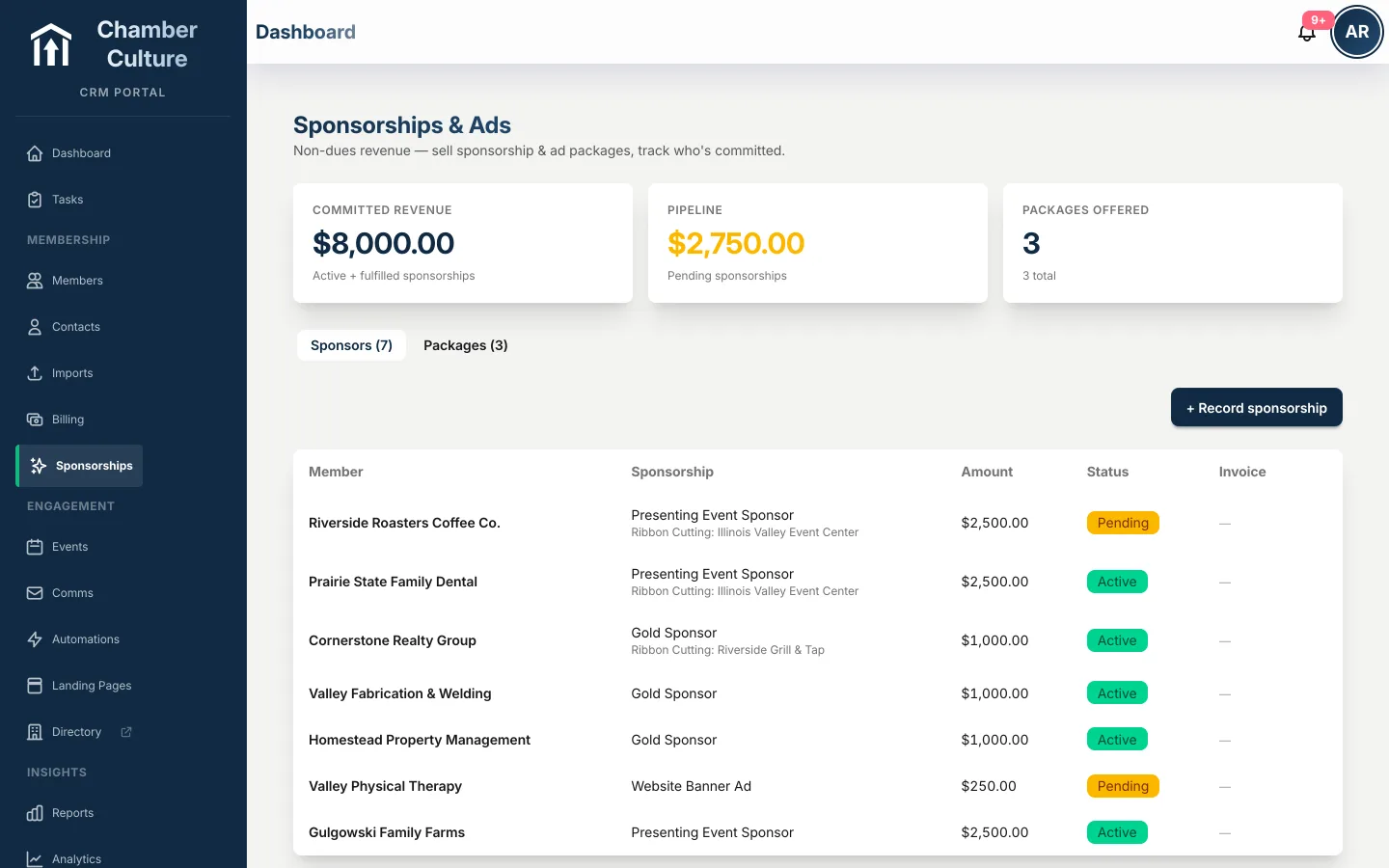 Sponsorship and package tracking with built-in invoicing