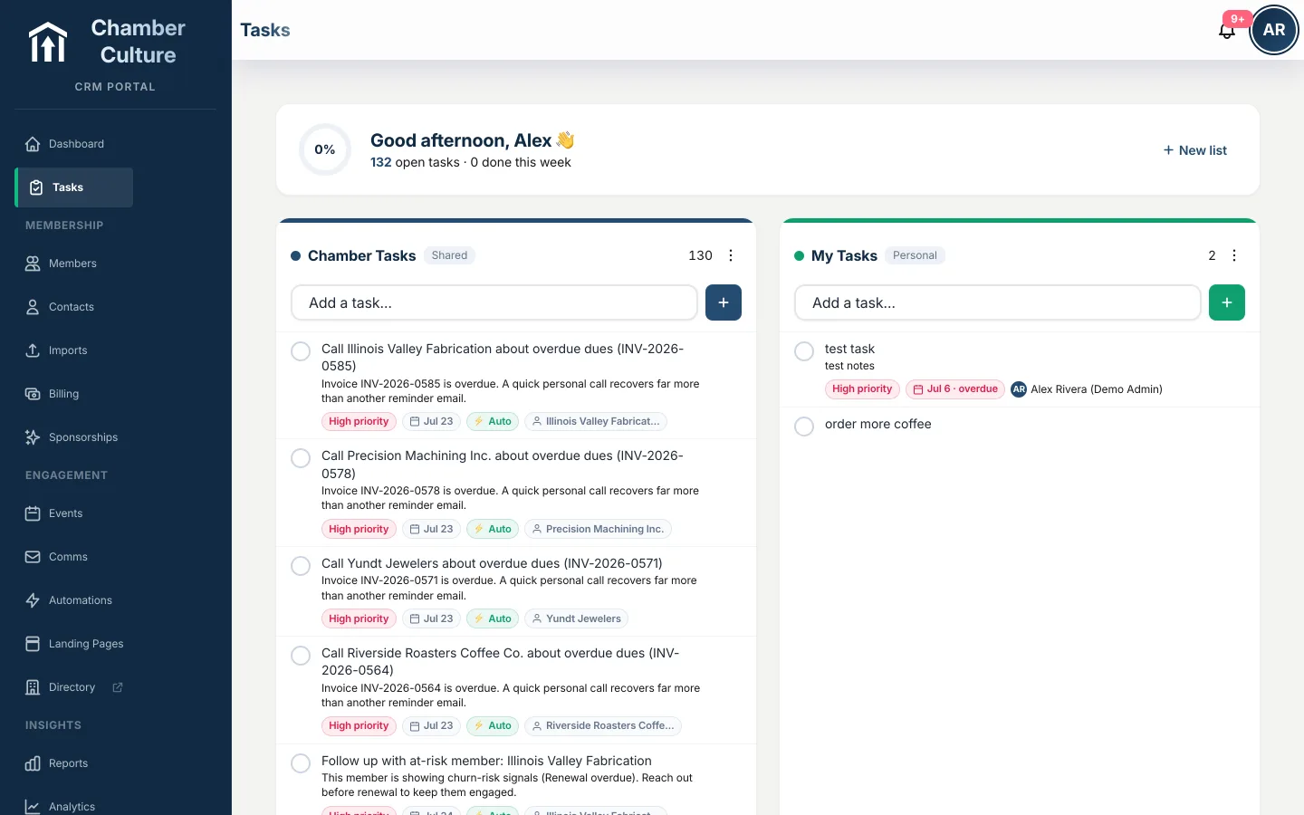 Shared task board with member follow-ups the CRM creates automatically