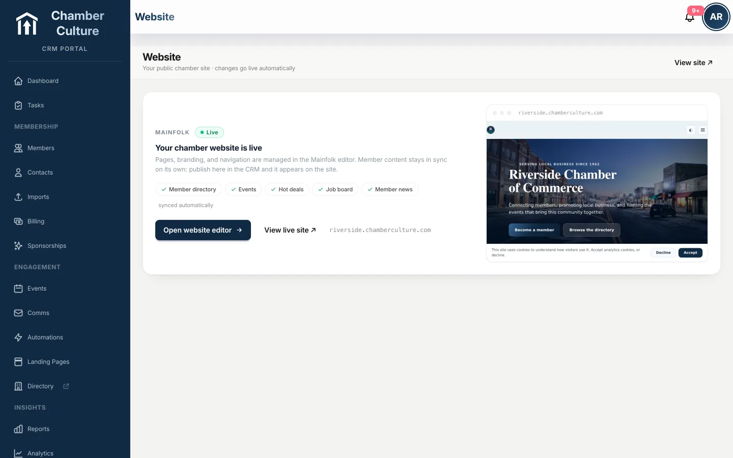 Chamber website pulling the directory, events, deals and news from the CRM