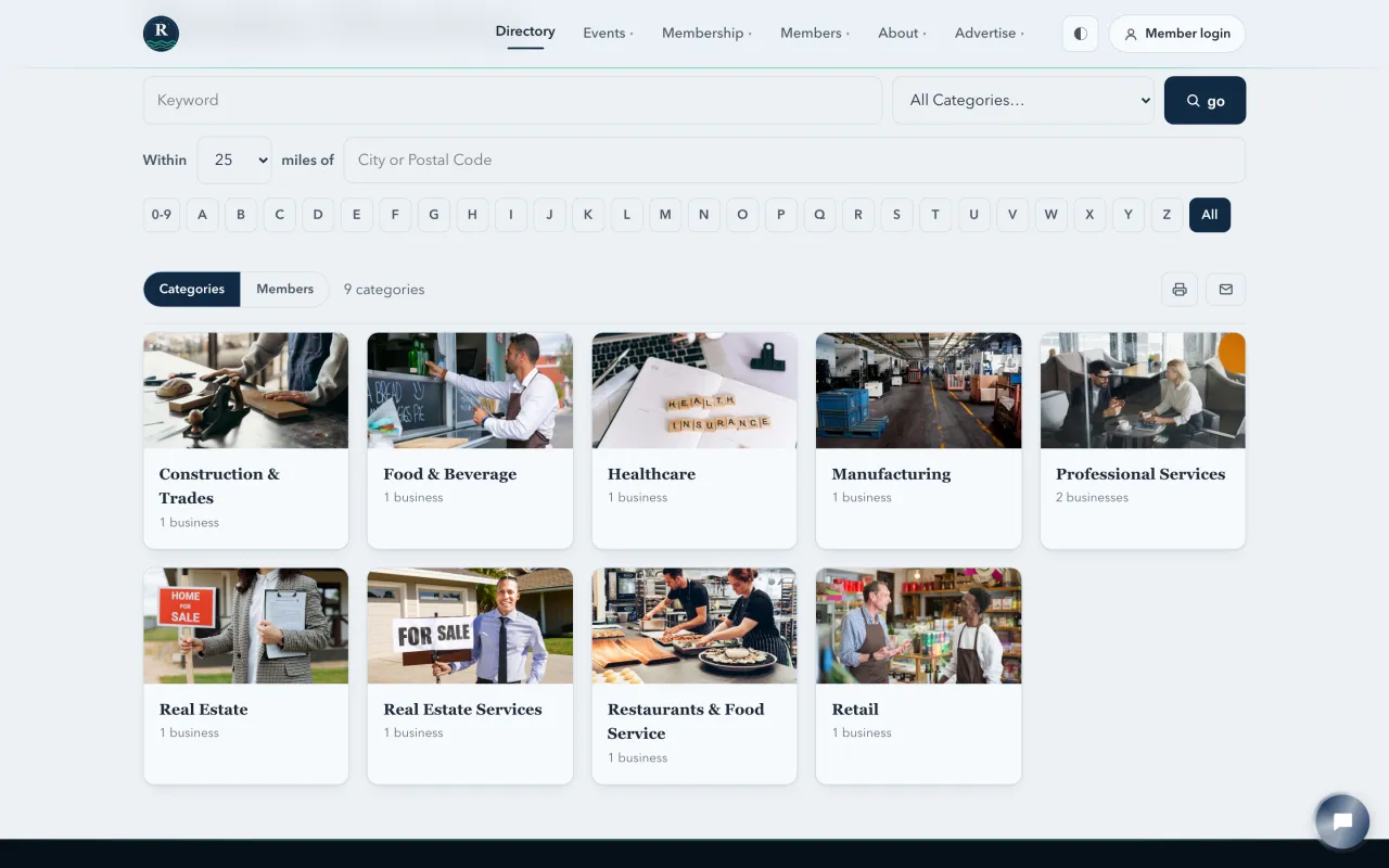 The public member directory with keyword and category search, a distance filter, an A to Z index and photo cards for each business category
