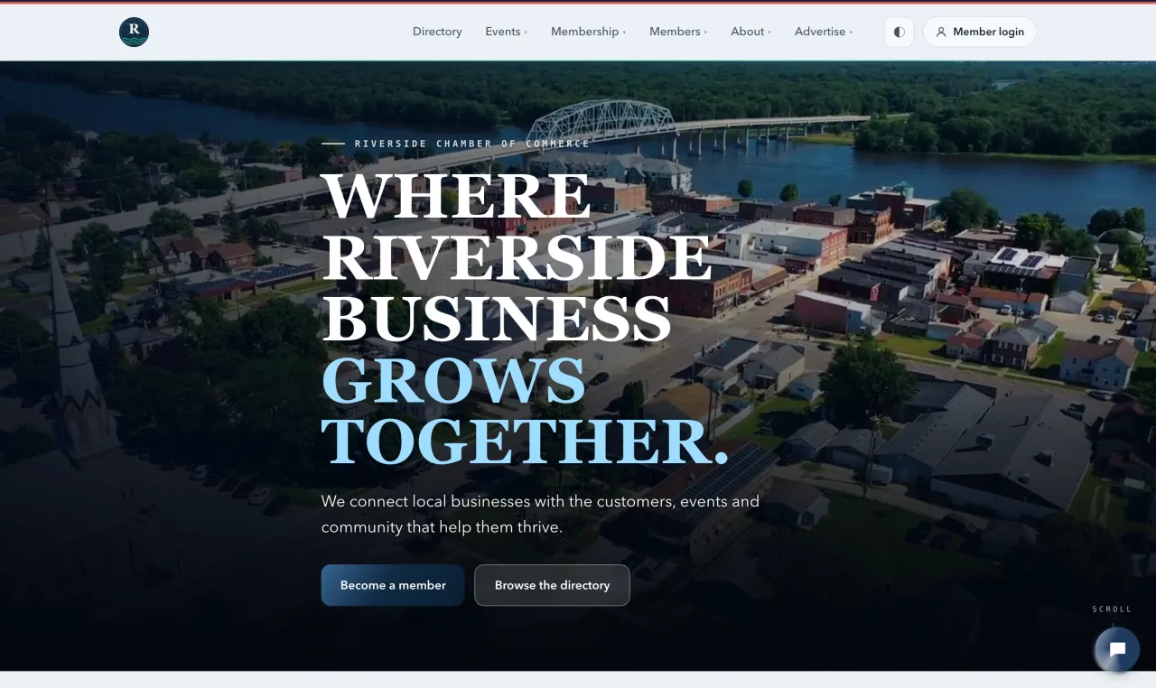 A live chamber website built on the platform, with a full-bleed aerial hero photo, its own navigation and a join call to action