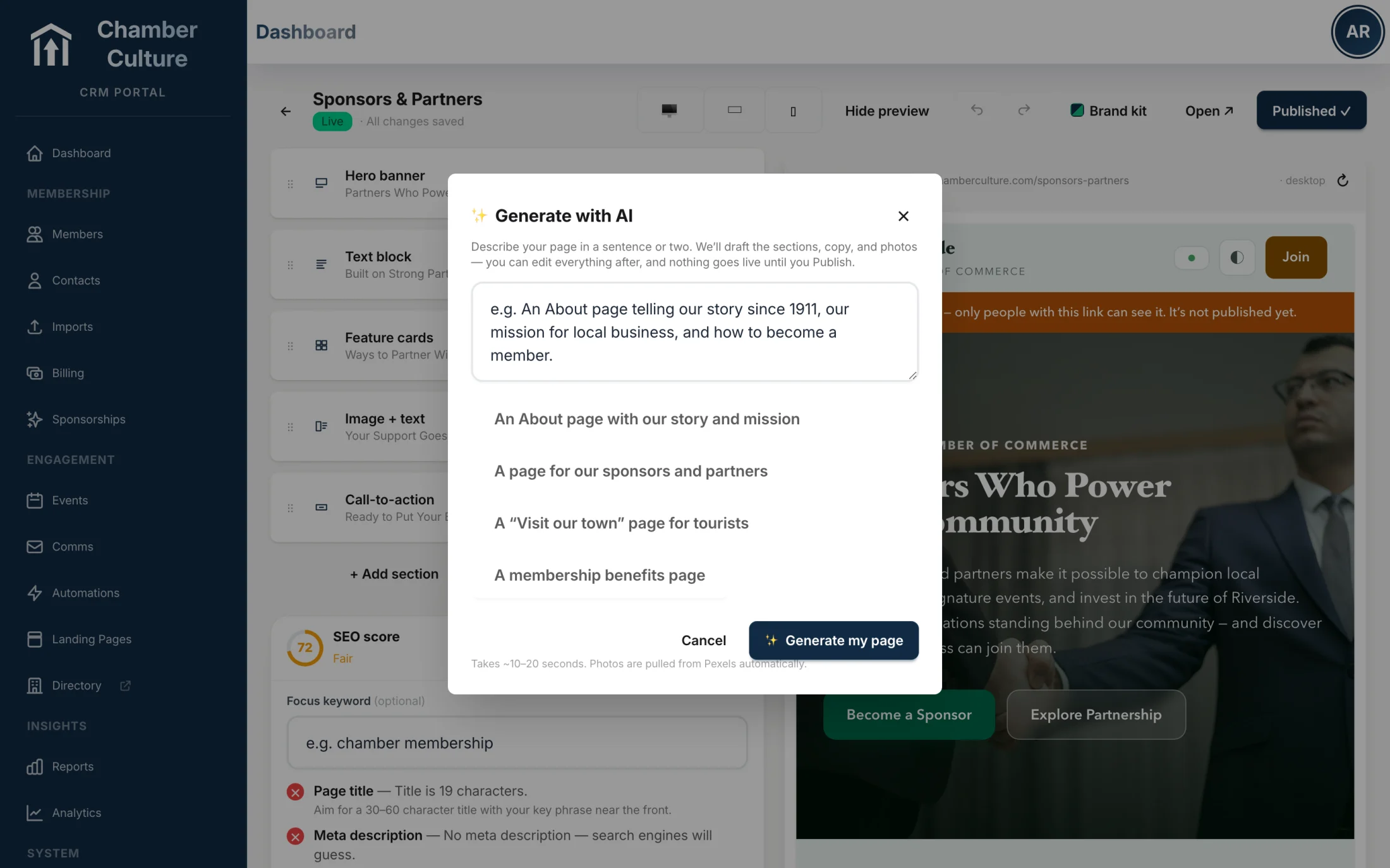 The Generate-with-AI panel: describe a page in a sentence — for example a page for our sponsors and partners — and Chamber Culture drafts the sections, writes the copy, and pulls photos automatically in about 10 to 20 seconds.