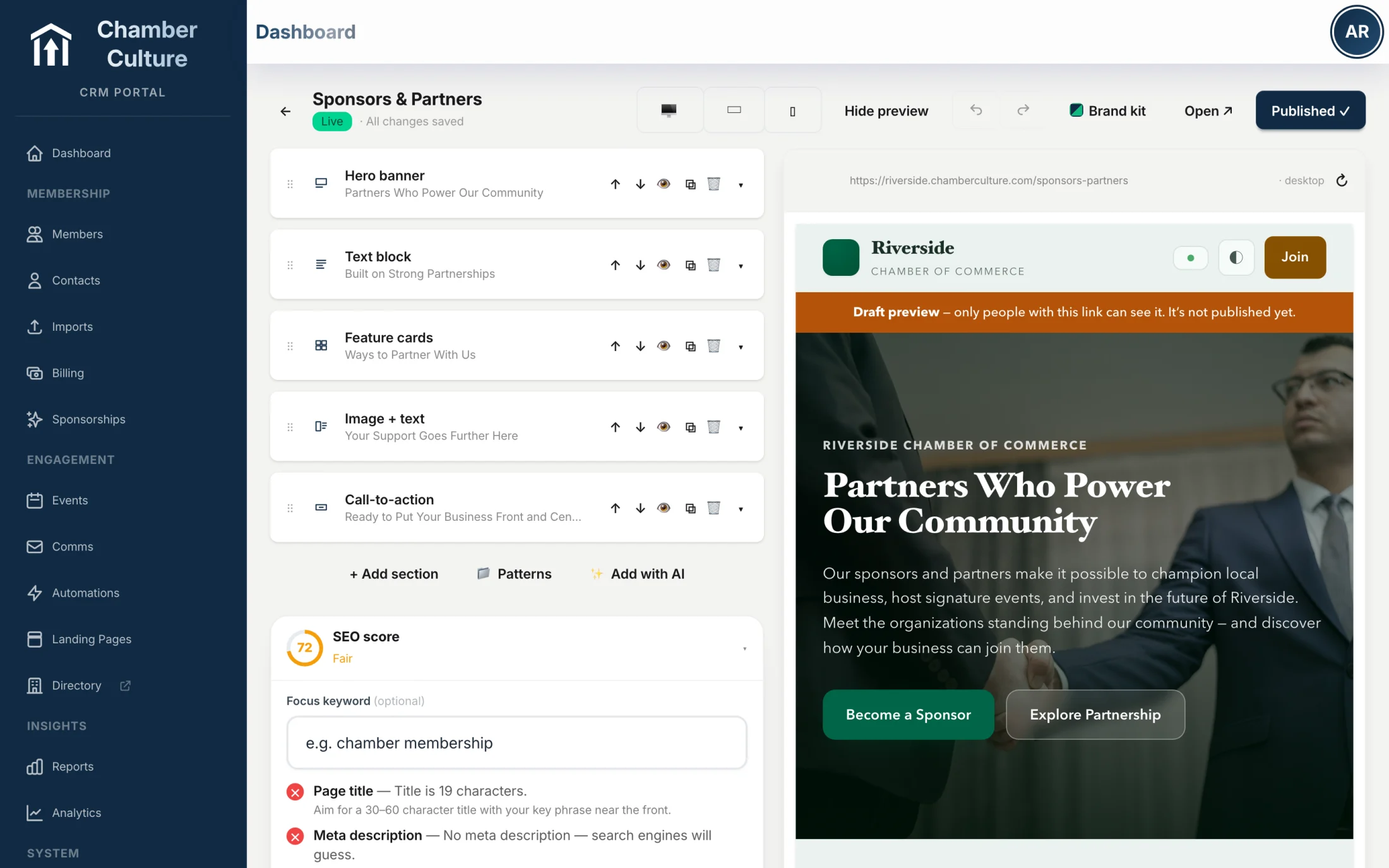 The Chamber Culture website page editor: reorderable content-block cards — hero, text, feature cards, image and text, call-to-action — on the left, with a live preview of the chamber's actual site and a built-in SEO score on the right.