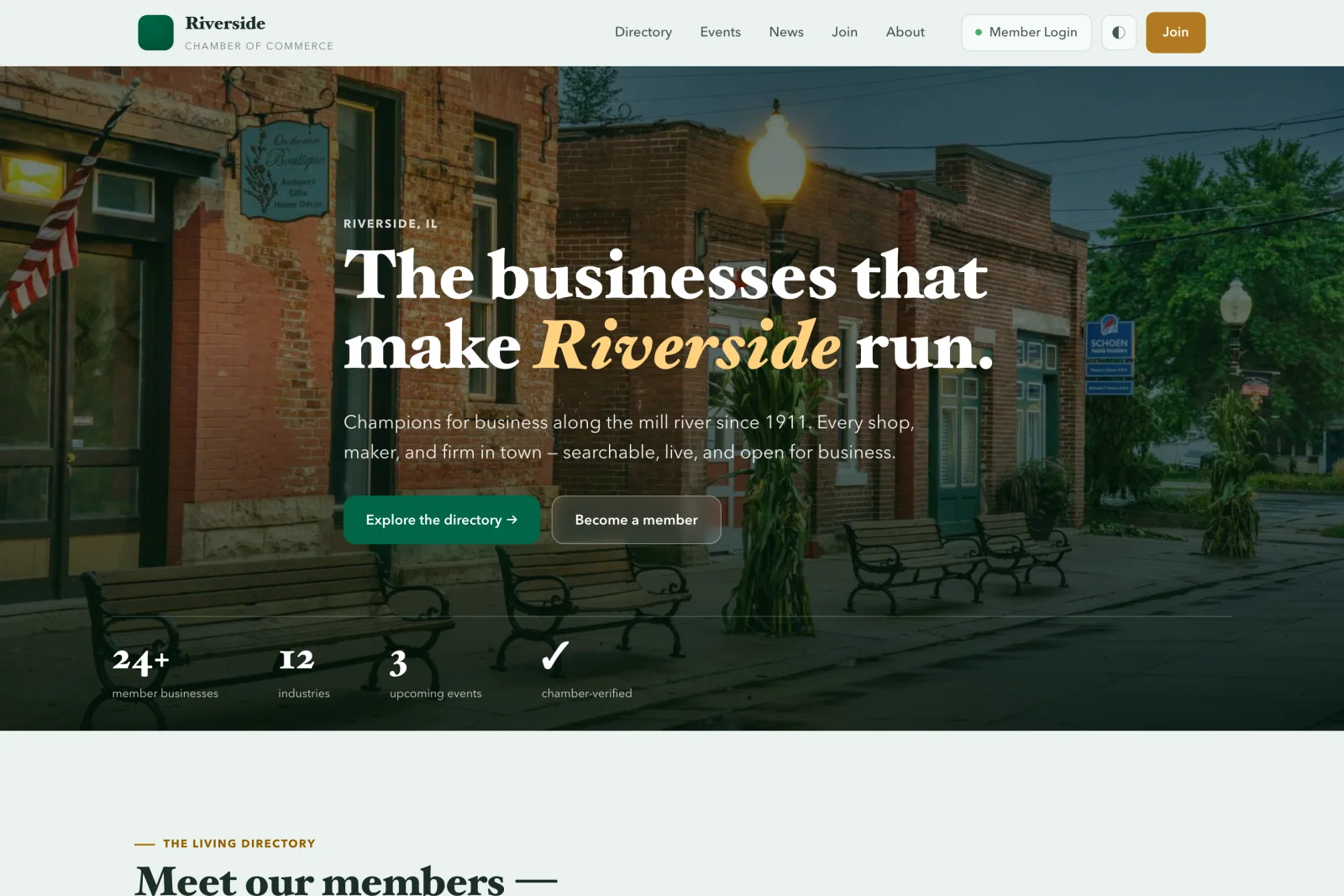 Homepage of the Riverside Chamber of Commerce website — a warm main-street hero over a live, searchable member directory.